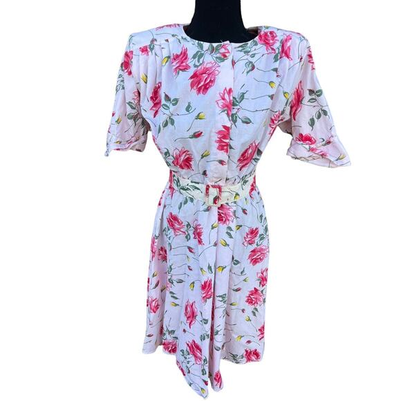 Vintage Miss Oops 80s Pink Floral Belted Day Midi Dress Size 6 - Picture 1 of 9